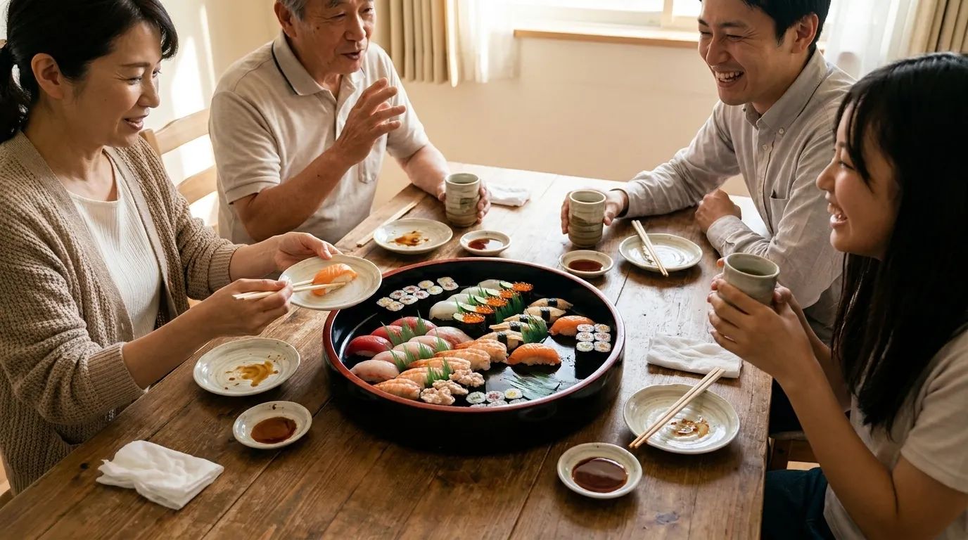 家族の集まりを囲む寿司と料理